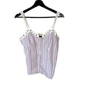 Vintage Y2K Purple White Stripe Floral Trim Button Up Sleeveless Top Medium